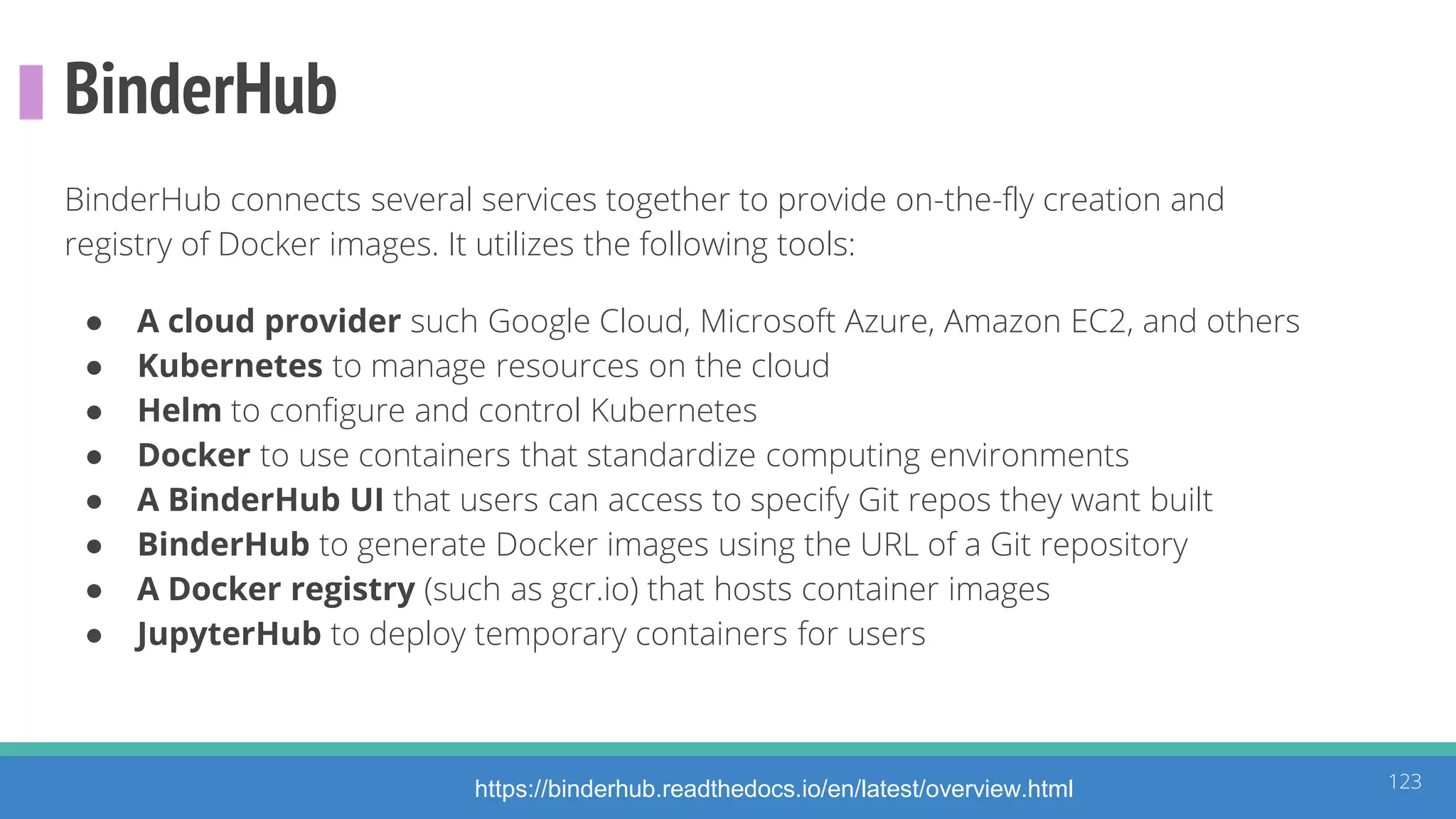 BinderHub
123
BinderHub connects several services together to provide on-the-fly creation and
registry of Docker images. It utilizes the following tools:
● A cloud provider such Google Cloud, Microsoft Azure, Amazon EC2, and others
● Kubernetes to manage resources on the cloud
● Helm to configure and control Kubernetes
● Docker to use containers that standardize computing environments
● A BinderHub UI that users can access to specify Git repos they want built
● BinderHub to generate Docker images using the URL of a Git repository
● A Docker registry (such as gcr.io) that hosts container images
● JupyterHub to deploy temporary containers for users
https://binderhub.readthedocs.io/en/latest/overview.html
 