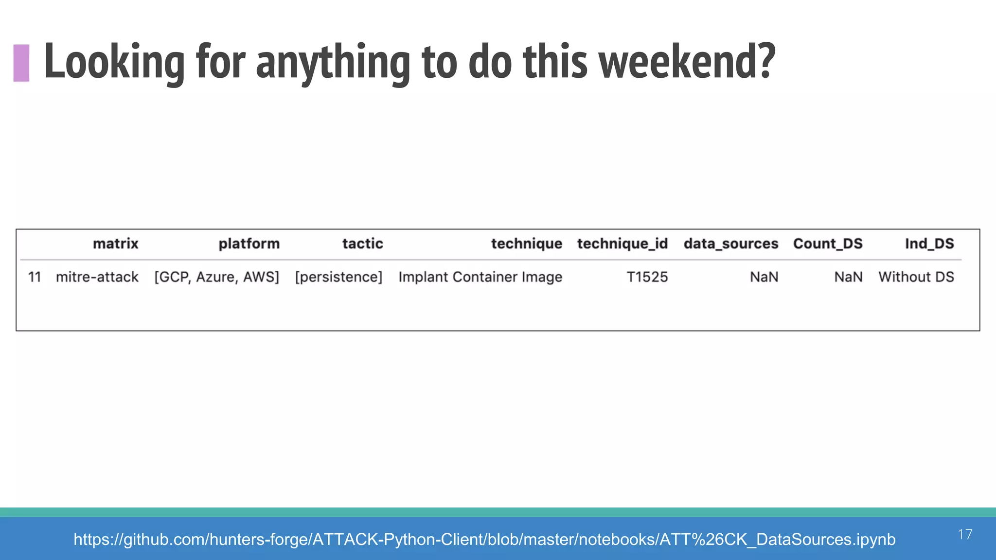Looking for anything to do this weekend?
17https://github.com/hunters-forge/ATTACK-Python-Client/blob/master/notebooks/ATT%26CK_DataSources.ipynb
 