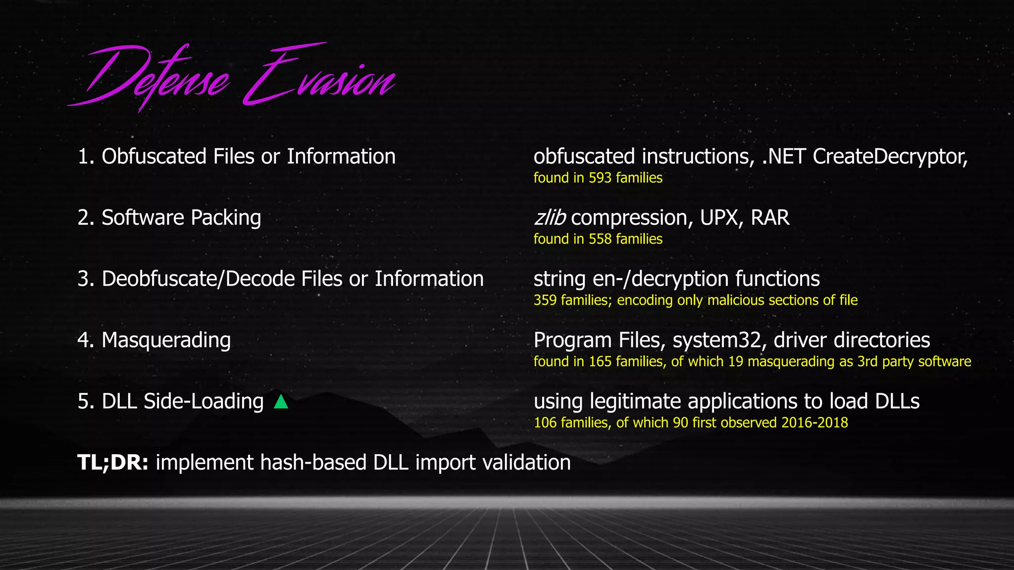 Defense Evasion
1. Obfuscated Files or Information obfuscated instructions, .NET CreateDecryptor,
found in 593 families
2. Software Packing zlib compression, UPX, RAR
found in 558 families
3. Deobfuscate/Decode Files or Information string en-/decryption functions
359 families; encoding only malicious sections of file
4. Masquerading Program Files, system32, driver directories
found in 165 families, of which 19 masquerading as 3rd party software
5. DLL Side-Loading ▲ using legitimate applications to load DLLs
106 families, of which 90 first observed 2016-2018
TL;DR: implement hash-based DLL import validation
 