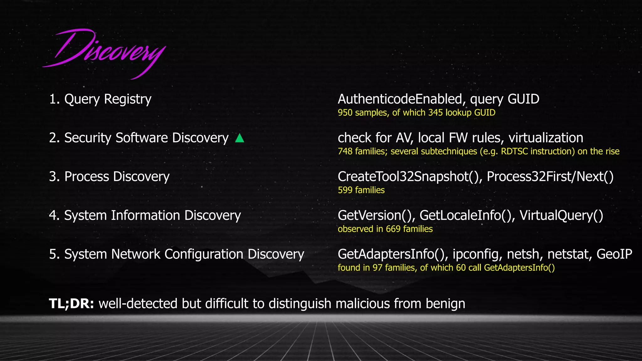 Discovery
1. Query Registry AuthenticodeEnabled, query GUID
950 samples, of which 345 lookup GUID
2. Security Software Discovery ▲ check for AV, local FW rules, virtualization
748 families; several subtechniques (e.g. RDTSC instruction) on the rise
3. Process Discovery CreateTool32Snapshot(), Process32First/Next()
599 families
4. System Information Discovery GetVersion(), GetLocaleInfo(), VirtualQuery()
observed in 669 families
5. System Network Configuration Discovery GetAdaptersInfo(), ipconfig, netsh, netstat, GeoIP
found in 97 families, of which 60 call GetAdaptersInfo()
TL;DR: well-detected but difficult to distinguish malicious from benign
 