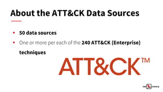 ▪ 50 data sources
▪ One or more per each of the 240 ATT&CK (Enterprise)
techniques
About the ATT&CK Data Sources
 