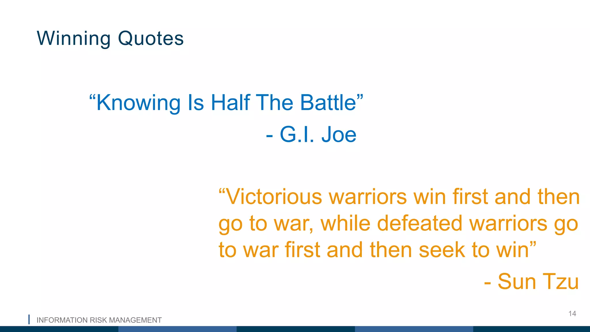 INFORMATION RISK MANAGEMENT
14
“Knowing Is Half The Battle”
- G.I. Joe
“Victorious warriors win first and then
go to war, while defeated warriors go
to war first and then seek to win”
- Sun Tzu
Winning Quotes
 