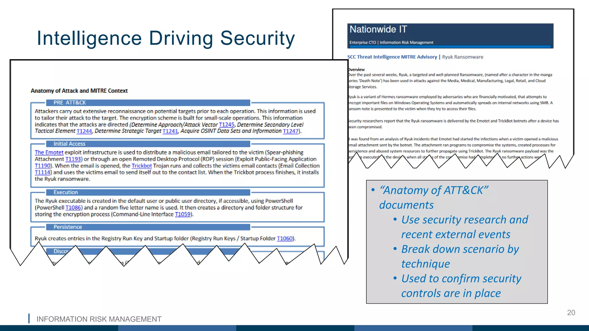 INFORMATION RISK MANAGEMENT
20
Intelligence Driving Security
• “Anatomy of ATT&CK”
documents
• Use security research and
recent external events
• Break down scenario by
technique
• Used to confirm security
controls are in place
 