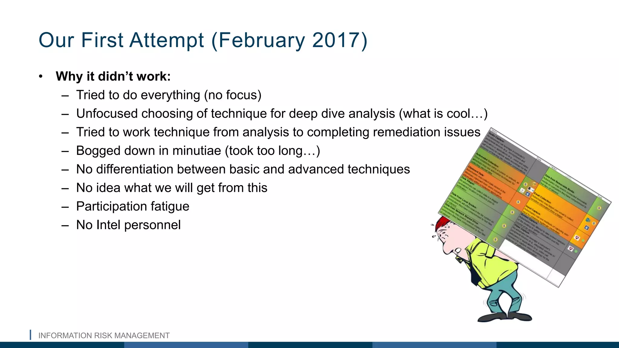 INFORMATION RISK MANAGEMENT
• Why it didn’t work:
– Tried to do everything (no focus)
– Unfocused choosing of technique for deep dive analysis (what is cool…)
– Tried to work technique from analysis to completing remediation issues
– Bogged down in minutiae (took too long…)
– No differentiation between basic and advanced techniques
– No idea what we will get from this
– Participation fatigue
– No Intel personnel
Our First Attempt (February 2017)
 