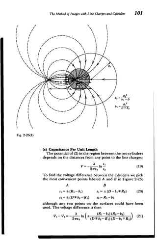 The Method of Images with Line Chargesand Cylinders 101
IA

Fig. 2-26(b)
R12
-D
=b1
b2
/b, 2D
D 2
A I l
(c) Capacitance Per Unit Length
The potential of (2) in the region between the two cylinders
depends on the distances from any point to the line charges:
V= In-n (19)
27rEO S2
To find the voltage difference between the cylinders we pick
the most convenient points labeled A and B in Figure 2-26:
A B
sV(R-bIn) S = (D-bITR2) (20)
S2 =(DFb 2 -R 1) s2 =R 2 -b 2
although any two points on the surfaces could have been
used. The voltage difference is then
A I (R 1-b,)(R 2-b 2)
(
V-V 2 -ln ( (21)
2ireo (D~b2 --R1 )(D-b1 TR2 )/ 1
 