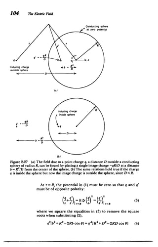 (4 The Electric Field
I
Conducting sphere
at zero potential
s s, r
qR
q
q D x
Inducing charge b =
0utside sphere D
C -D
(a)
Inducing charge R
inside sphere
qR
b R
'2
D
Figure 2-27 (a) The field due to a point charge q, a distance D outside a conducting
sphere of radius R, can be found by placing a single image charge -qRID at a distance
b = R'ID from the center of the sphere. (b) The same relations hold true if the charge
q is inside the sphere but now the image charge is outside the sphere, since D < R.
At r = R, the potential in (1) must be zero so that q and q'
must be of opposite polarity:
+S) = > 9) = (3)
where we square the equalities in (3) to remove the square
roots when substituting (2),
q 2
[b2
+ R2-2Rb cos 6] = q'2
[R 2+D2
-2RD cos 0] (4)
 