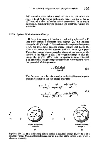 The Method of Images with PointChargesandSpheres 109
field emission even with a cold electrode occurs when the
electric field Eo becomes sufficiently large (on the order of
10 v/m) that the coulombic force overcomes the quantum
mechanical binding forces holding the electrons within the
electrode.
2-7-3 Sphere With Constant Charge
If the point charge q is outside a conducting sphere (D > R)
that now carries a constant total charge Qo, the induced
charge is still q'= -qRID. Since the total charge on the sphere
is Qo, we must find another image charge that keeps the
sphere an equipotential surface and has value Qo+qR/D.
This other image charge must be placed at the center of the
sphere, as in Figure 2-29a. The original charge q plus the
image charge q'= -qRID puts the sphere at zero potential.
The additional image charge at the center of the sphere raises
the potential of the sphere to
V = oqRD(24)
41reoR
The force on the sphere is now due to the field from the point
charge q acting on the two image charges:
q /D
f q qR (Q
4ireo D(D-b)2+ (Qo+ RID)
q qRD (Qo+ qRD)) (25)
D'
2
41rEo (D2 - R2)2+
V = V,
Do + Qo = 4xEORV
q -qR/D q -qR/D
Sphere with constant Sphere at constant
charge Qo voltage Vo
(a) (b)
Figure 2-29 (a) If a conducting sphere carries a constant charge Qo or (b) is at a
constant voltage Vo, an additional image charge is needed at the sphere center when a
charge q is nearby.
 