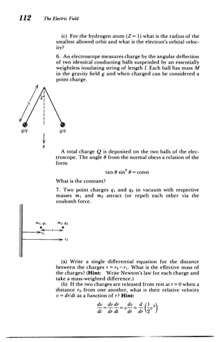112 The Electric Field
(c) For the hydrogen atom (Z = 1) what is the radius of the
smallest allowed orbit and what is the electron's orbital veloc­
ity?
6. An electroscope measures charge by the angular deflection
of two identical conducting balls suspended by an essentially
weightless insulating string of length 1. Each ball has mass M
in the gravity field g and when charged can be considered a
point charge.
01
Q/2 Q12
+
A total charge Q is deposited on the two balls of the elec­
troscope. The angle 0 from the normal obeys a relation of the
form
tan 6 sin2 0 = const
What is the constant?
7. Two point charges q, and q2 in vacuum with respective
masses mi and m 2 attract (or repel) each other via the
coulomb force.
m1, q1 M2, q2
* 0
<- r->
(a) Write a single differential equation for the distance
between the charges r = r2 - ri. What is the effective mass of
the charges? (Hint: Write Newton's law for each charge and
take a mass-weighted difference.)
(b) If the two charges are released from rest at t = 0 when a
distance ro from one another, what is their relative velocity
v = dr/dt as a function of r? Hint:
dv dvdr dv d 12
- /V
dt dr dt dr dr
 