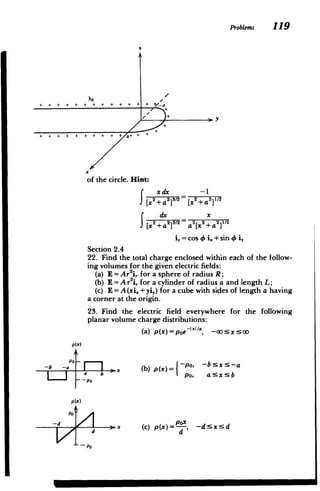 Problems 119
+ + + +
+
+ + + + + +a /­
+ + + +
+
+
+
+
+z
x
of the circle. Hint:
xdx -1
J [x+2 23/2 2 +a21/2
dx _ _
=2[X2 21/12
2
J [x2
+a2
] a [x +a ]
i,= cos 4 i. + sin 4 i,
Section 2.4
22. Find the total charge enclosed within each of the follow­
ing volumes for the given electric fields:
(a) E = Ar2
i, for a sphere of radius R;
(b) E= A r2
i, for a cylinder of radius a and length L;
(c) E = A (xi, +yi,) for a cube with sides of length a having
a corner at the origin.
23. Find the electric field everywhere for the following
planar volume charge distributions:
(a) p(x)=poe*, -00: x5 00
P(X)
-b s x 5--a
-O -P (b) p () -po,
- po
IP0, a &x - b
b
p(x)
PO
-d pox
d (c) p(x)-, -d x d
d d
~~PO
M M
 