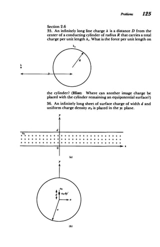 Problems 125
Section 2.6
35. An infinitely long line charge A is a distance D from the
center of a conducting cylinder of radius R that carries a total
charge per unit length A,. What is the force per unit length on
xC
R
D
the cylinder? (Hint: Where can another image charge be
placed with the cylinder remaining an equipotential surface?)
36. An infinitely long sheet of surface charge of width d and
uniform charge density c-o is placed in the yz plane.
y
d
a30
0
3
(a)
y
00
d uO dy'
+
)
 