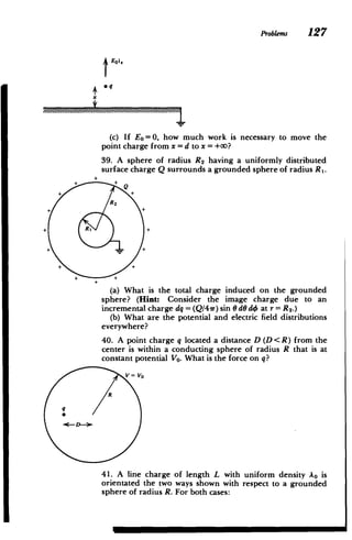 x
Problems 127
t Eoi
e q
(c) If EO=0, how much work is necessary to move the
point charge from x = d to x =+00?
39. A sphere of radius R2 having a uniformly distributed
surface charge Q surrounds a grounded sphere of radius R1
.
R2
+ Q
(a) What is the total charge induced on the grounded
sphere? (Hint: Consider the image charge due to an
incremental charge dq = (Q/47r) sin 0 dO d4> at r = R2-)
(b) What are the potential and electric field distributions
everywhere?
40. A point charge q located a distance D (D < R) from the
center is within a conducting sphere of radius R that is at
constant potential VO. What is the force on q?
V= VO
R
41. A line charge of length L with uniform density AO is
orientated the two ways shown with respect to a grounded
sphere of radius R. For both cases:
 
