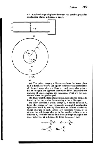 ProbLems 129
43. A point charge q is placed between two parallel grounded
conducting planes a distance d apart.
t b
d
e q
(a)
R2
RI
q2, b2
RO
(c)
(a) The point charge q a distance a above the lower plane
and a distance b below the upper conductor has symmetric­
ally located image charges. However, each image charge itself
has an image in the opposite conductor. Show that an infinite
number of image charges are necessary. What are the loca­
tions of these image charges?
(b) Show that the total charge on each conductor cannot be
found by this method as the resulting series is divergent.
(c) Now consider a point charge q, a radial distance RO
from the center of two concentric grounded conducting
spheres of radii R1 and R2 . Show that an infinite number of
image charges in each sphere are necessary where, if we
denote the nth image charge in the smaller sphere as q. a
distance b. from the center and the nth image charge in the
outer sphere as q' a distance b' from the center, then
4 -- , njR R24
I b
2
b .2
b?+ R2'
 