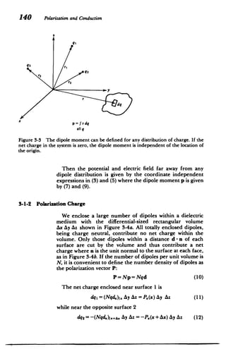 140 Polarizationand Conduction
Z
q3 ri
q2
r3
Sy
r
dq
Xp
= f r dq
all q
Figure 3-3 The dipole moment can be defined for any distribution of charge. If the
net charge in the system is zero, the dipole moment is independent of the location of
the origin.
Then the potential and electric field far away from any
dipole distribution is given by the coordinate independent
expressions in (3) and (5) where the dipole moment p is given
by (7) and (9).
3-1-2 Polarization Charge
We enclose a large number of dipoles within a dielectric
medium with the differential-sized rectangular volume
Ax Ay Az shown in Figure 3-4a. All totally enclosed dipoles,
being charge neutral, contribute no net charge within the
volume. Only those dipoles within a distance d - n of each
surface are cut by the volume and thus contribute a net
charge where n is the unit normal to the surface at each face,
as in Figure 3-4b. If the number of dipoles per unit volume is
N, it is convenient to define the number density of dipoles as
the polarization vector P:
P=Np=Nqd (10)
The net charge enclosed near surface 1 is
dql = (Nqd )I. Ay Az = P.(x) Ay Az (11)
.
while near the opposite surface 2
dq2 = -(Nd.)I.5 +. Ay Az = -P.(x + Ax) Ay Az (12)
 