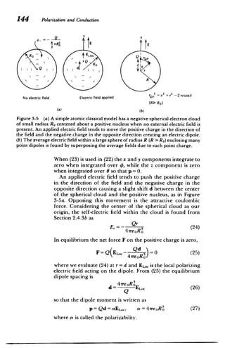 3
144 Polarizationand Conduction
Z

P_ 4 Q

E
Ro
Q	 p

E

E Ro
Q d
t R
2 2
+ r _2 racosO
rQP2 =a
No electric field Electric field applied
(R> RO)
(a) (b)
Figure 3-5 (a) A simple atomic classical model has a negative spherical electron cloud
of small radius Ro centered about a positive nucleus when no external electric field is
present. An applied electric field tends to move the positive charge in the direction of
the field and the negative charge in the opposite direction creating an electric dipole.
(b) The average electric field within a large sphere of radius R (R > RO) enclosing many
point dipoles is found by superposing the average fields due to each point charge.
When (23) is used in (22) the x and y components integrate to
zero when integrated over 0, while the z component is zero
when integrated over 0 so that p = 0.
An applied electric field tends to push the positive charge
in the direction of the field and the negative charge in the
opposite direction causing a slight shift d between the center
of the spherical cloud and the positive nucleus, as in Figure
3-5a. Opposing this movement is the attractive coulombic
force. Considering the center of the spherical cloud as our
origin, the self-electric field within the cloud is found from
Section 2.4.3b as
Qr (24)
4-rEoR
In equilibrium the net force F on the positive charge is zero,
F=Q Eo- =d)
0 (25)
47rEoRo
where we evaluate (24) at r = d and EL is the local polarizing
electric field acting on the dipole. From (25) the equilibrium
dipole spacing is
d = 4TreOR.EL	 (26)
Q
so that the dipole moment is written as
p= Qd=aEL, a = 4ireoR (27)
where a is called the polarizability.
 