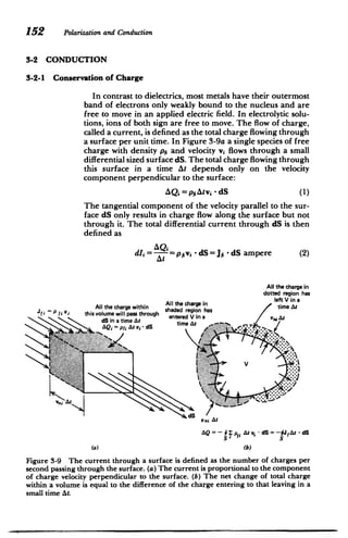 152 Polarizationand Conduction
3-2 CONDUCTION
3-2-1 Conservation of Charge
In contrast to dielectrics, most metals have their outermost
band of electrons only weakly bound to the nucleus and are
free to move in an applied electric field. In electrolytic solu­
tions, ions of both sign are free to move. The flow of charge,
called a current, is defined as the total charge flowing through
a surface per unit time. In Figure 3-9a a single species of free
charge with density pfi and velocity vi flows through a small
differential sized surface dS. The total charge flowing through
this surface in a time At depends only on the velocity
component perpendicular to the surface:
AQ = p1 Atv. - dS (1)
The tangential component of the velocity parallel to the sur­
face dS only results in charge flow along the surface but not
through it. The total differential current through dS is then
defined as
AQ,
AI =- v dS=J, -dS ampere (2)
= -V's
At
All the charge in
dotted region has
All the chars V in a
Sleft
All the charge within shaded regio nha time At
= P Ii Vi "nas
this volume will pass through entered V i" a V: At
dS in a time At
AQ P At vi dS time At
V
V
At 

dS

Vni At
AQ =-; Atv- dS= -#JAt dS
p1
S a S
(a) (b)
Figure 3-9 The current through a surface is defined as the number of charges per
second passing through the surface. (a) The current is proportional to the component
of charge velocity perpendicular to the surface. (b) The net change of total charge
within a volume is equal to the difference of the charge entering to that leaving in a
small time At.
 