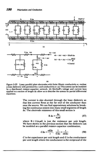 G
d
V
190 Polarizationand Conduction
OC R As Depthd
Al­
.
.
. . . . .-. .
. . . . . .
. . .
.
i(t)
v(t)
TCh
R As
0
(a)
R As i(s) i(a + AS)
v(z - As) -v(z) = 2i(s)R As
5(Z +As1 i(Z) -i(Z +As) = CAS
+(S)
dN) +
+GAsv(s)
v(z) GAs
21 s v(X-AZ) G
C AS
i(s)
..............

A-As R z
(b)
Figure 3-23 Lossy parallel plate electrodes with finite Ohmic conductivity a, enclose
a lossy dielectric with permittivity e and conductivity o. (a) This system can be modeled
by a distributed resistor-capacitor network. (b) Kirchoff's voltage and current laws
applied to a section of length Az allow us to describe the system by partial differential
equations.
The current is also shunted through the lossy dielectric so
that less current flows at the far end of the conductor than
near the source. We can find approximate solutions by break­
ing the continuous system into many small segments of length
Az. The electrode resistance of this small section is
Az
R Az =--­ (37)
o,-ad
where R = 1/(ogad) is just the resistance per unit length.
We have shown in the previous section that the dielectric can
be modeled as a parallel resistor-capacitor combination,
edAz 1 s
(38)
s' Az-d
-
C is the capacitance per unit length and G is the conductance
per unit length where the conductance is the reciprocal of the
 
