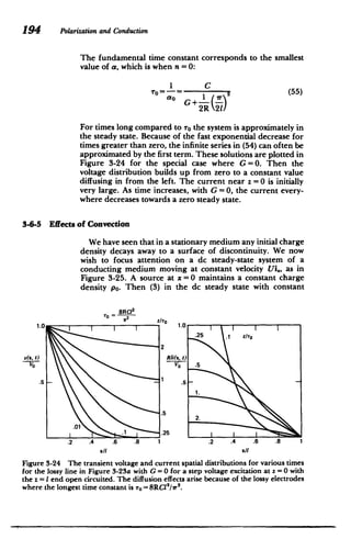 194 Polarizationand Conduction
The fundamental time constant corresponds to the smallest
value of a, which is when n = 0:
1 C
To=-= 2 (55)
ato G
+
For times long compared to 7o the system is approximately in
the steady state. Because of the fast exponential decrease for
times greater than zero, the infinite series in (54) can often be
approximated by the first term. These solutions are plotted in
Figure 3-24 for the special case where G =0. Then the
voltage distribution builds up from zero to a constant value
diffusing in from the left. The current near z =0 is initially
very large. As time increases, with G =0, the current every­
where decreases towards a zero steady state.
3-6-5 Effects of Convection
We have seen that in a stationary medium any initial charge
density decays away to a surface of discontinuity. We now
wish to focus attention on a dc steady-state system of a
conducting medium moving at constant velocity Ui., as in
Figure 3-25. A source at x =0 maintains a constant charge
density po. Then (3) in the dc steady state with constant
8RC
2
1.T
1.0
.25 1 tI?0
z~z, t) RhW:z, t)
VO Vo .5
.5
.
.01
.2 .4
X/I
.6
-I1.25
.8 1
10
.2 .4
t'70
.6
Xfl
.8 1
Figure 3-24 The transient voltage and current spatial distributions for various times
for the lossy line in Figure 3-23a with G = 0 for a step voltage excitation at z = 0 with
the z = I end open circuited. The diffusion effects arise because of the lossy electrodes
where the longest time constant is To = 8RC 2
/r
2
.
 