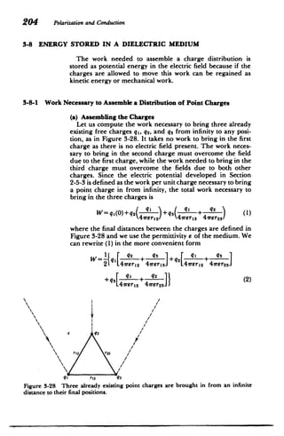 204 Polarizationand Conduction
3-8 ENERGY STORED IN A DIELECTRIC MEDIUM
The work needed to assemble a charge distribution is
stored as potential energy in the electric field because if the
charges are allowed to move this work can be regained as
kinetic energy or mechanical work.
3-8-1 Work Necessary to Assemble a Distribution of Point Charges
(a) Assembling the Charges
Let us compute the work necessary to bring three already
existing free charges qg, q2, and qs from infinity to any posi­
tion, as in Figure 3-28. It takes no work to bring in the first
charge as there is no electric field present. The work neces­
sary to bring in the second charge must overcome the field
due to the first charge, while the work needed to bring in the
third charge must overcome the fields due to both other
charges. Since the electric potential developed in Section
2-5-3 is defined as the work per unit charge necessary to bring
a point charge in from infinity, the total work necessary to
bring in the three charges is
qI q,___ q2
W=q+(q)+q2l +q3 + I (1)
4 rer12 l
/ 4r r15 4'rrers/
where the final distances between the charges are defined in
Figure 3-28 and we use the permittivity e of the medium. We
can rewrite (1) in the more convenient form
W= [ q2 + q r+2___ + q
2 L41rer2 41reris L4reri2 4'rer
2 3J
+q q + 4 2 (2)
L41rer,3 47rer231
 /2
r12 r 2- 3
Figure 3-28 Three already existing point charges are brought in from an infinite
distance to their final positions.
 