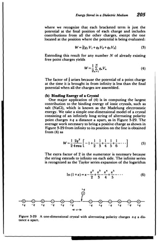 EnergyStored in a Dielectric Medium 205
where we recognize that each bracketed term is just the
potential at the final position of each charge and includes
contributions from all the other charges, except the one
located at the position where the potential is being evaluated:
W=2[q 1 V1 +q 2 V2 +q 3 V3 ] (3)
Extending this result for any number N of already existing
free point charges yields
I IV
W =- E, q.V (4)
2n=1
The factor of - arises because the potential of a point charge
at the time it is brought in from infinity is less than the final
potential when all the charges are assembled.
(b) Binding Energy of a Crystal
One major application of (4) is in computing the largest
contribution to the binding energy of ionic crystals, such as
salt (NaCI), which is known as the Madelung electrostatic
energy. We take a simple one-dimensional model of a crystal
consisting of an infinitely long string of alternating polarity
point charges q a distance a apart, as in Figure 3-29. The
average work necessary to bring a positive charge as shown in
Figure 3-29 from infinity to its position on the line is obtained
from (4) as
1 2q 2
I11 11 I
W= -+--- ----- --- (5)
2 47rea 2 3 4 5 6
The extra factor of 2 in the numerator is necessary because
the string extends to infinity on each side. The infinite series
is recognized as the Taylor series expansion of the logarithm
2 3 4 5
In (I+x)= x +---+ (6)
2 3 4 5

((6
+q
+q -q +q -q +q -4 -q +q -q +q -q +q
<- a--)I
Figure 3-29 A one-dimensional crystal with alternating polarity charges q a dis­
tance a apart.
 