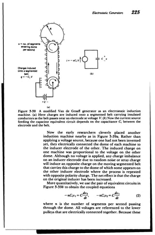 ElectrostaticGenerators 225
R
n = no. of segments

entering dome

per second

i = - iV C
Charges induced
onto a segmented
belt (b)
q = -Ci V
+
~I
(a)
Figure 3-38 A modified Van de Graaff generator as an electrostatic induction
machine. (a) Here charges are induced onto a segmented belt carrying insulated
conductors as the belt passes near an electrode at voltage V. (b) Now the current source
feeding the capacitor equivalent circuit depends on the capacitance C between the
electrode and the belt.
Now the early researchers cleverly placed another
induction machine nearby as in Figure 3-39a. Rather than
applying a voltage source, because one had not been invented
yet, they electrically connected the dome of each machine to
the inducer electrode of the other. The induced charge on
one machine was proportional to the voltage on the other
dome. Although no voltage is applied, any charge imbalance
on an inducer electrode due to random noise or stray charge
will induce an opposite charge on the moving segmented belt
that carries this charge to the dome of which some appears on
the other inducer electrode where the process is repeated
with opposite polarity charge. The net effect is that the charge
on the original inducer has been increased.
More quantitatively, we use the pair of equivalent circuits in
Figure 3-39b to obtain the coupled equations
dv2 dv1
-nCiv 1 =C
,
- nCiV2= C-- (2)
dt dt
where n is the number of segments per second passing
through the dome. All voltages are referenced to the lower
pulleys that are electrically connected together. Because these
 