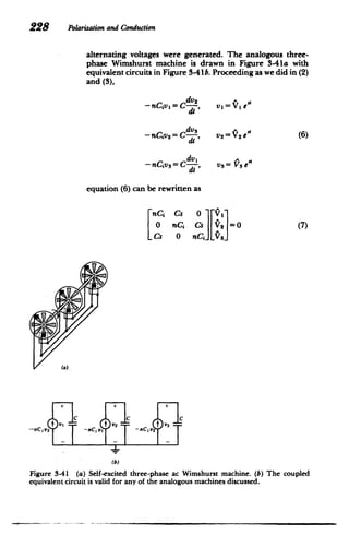228 Polarizationand Conduction
alternating voltages were generated. The analogous three-
phase Wimshurst machine is drawn in Figure 3-41a with
equivalent circuits in Figure 3-41b. Proceeding as we did in (2)
and (3),
dvs
-nCiv,=C-, vi=Vie"
dt
-nCiV 2 = Cv5 V2 2 (6)
dt
dv,
-nCiv 3 = C-, v3 Vs e"
equation (6) can be rewritten as
nC Cs 01V
0 nC Cs YF =O (7)
Cs 0 nC Vi
(a).
- 1
Civ3 - n C
i v 2 - nCiv 3J
(b)
Figure 3-41 (a) Self-excited three-phase ac Wimshurst machine. (b) The coupled
equivalent circuit is valid for any of the analogous machines discussed.
 