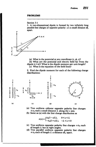 ProbL-eu 231
PROBLEMS
Section 3-1
1. A two-dimensional dipole is formed by two infinitely long
parallel line charges of opposite polarity X a small distance di,
apart.
(r, o, z)
r' V
d 10 x
(a) What is the potential at any coordinate (r, 46, z)?
(b) What are the potential and electric field far from the
dipole (r w d)? What is the dipole moment per unit length?
(c) What is the equation of the field lines?
2. Find the dipole moment for each of the following charge
distributions:
2
L +X0d
+ Ld
L LL­
(a) (C) (d) (e)
(a) Two uniform colinear opposite polarity line charges
*Ao each a small distance L along the z axis.
(b) Same as (a) with the line charge distribution as
A(z)= Ao(1-z/L),
A-Ao(1+z/L),
O<z<L
-L<z<O
(c) Two uniform opposite polarity line charges *Ao each
of length L but at right angles.
(d) Two parallel uniform opposite polarity line charges
* Ao each of length L a distance di, apart.
 