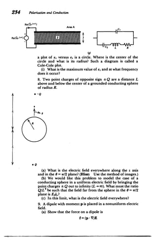 234 Polarizationand Conduction
Reite ''rJ

Area A

C1
Re We j <t'e
C2 L R
(g)
a plot of er versus as is a circle. Where is the center of the
circle and what is its radius? Such a diagram is called a
Cole-Cole plot.
(i) What is the maximum value of ej and at what frequency
does it occur?
8. Two point charges of opposite sign Q are a distance L
above and below the center of a grounded conducting sphere
of radius R.
ial
R
(a) What is the electric field everywhere along the z axis
and in the 0 = vr/2 plane? (Hint: Use the method of images.)
(b) We would like this problem to model the case of a
conducting sphere in a uniform electric field by bringing the
point charges Q out to infinity (L -+co). What must the ratio
Q/L 2
be such that the field far from the sphere in the = r/2
plane is EOi.?
(c) In this limit, what is the electric field everywhere?
9. A dipole with moment p is placed in a nonuniform electric
field.
(a) Show that the force on a dipole is
f =(p- V)E
 