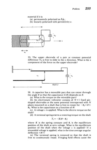 X
Problems 253
material if it is
(a) permanently polarized as Poir;
(b) linearly polarized with permittivity e.
~-~~ VO
7-­
55. The upper electrode of a pair at constant potential
difference VO is free to slide in the x direction. What is the x
component of the force on the upper electrode?
T+
Depth d
56. A capacitor has a moveable part that can rotate through
the angle 0 so that the capacitance C(O) depends on 0.
(a) What is the torque on the moveable part?
(b) An electrostatic voltmeter consists of N+1 fixed pie-
shaped 	electrodes at the same potential interspersed with N
6
plates mounted on a shaft that is free to rotate for - < 0<
0. What is the capacitance as a function of 0?
(c) A voltage v is applied. What is the electric torque on the
shaft?
(d) A torsional spring exerts a restoring torque on the shaft
T,= -K(0-0
)
where K is the spring constant and 0, is the equilibrium
position of the shaft at zero voltage. What is the equilibrium
position of the shaft when the voltage v is applied? If a
sinusoidal voltage is applied, what is the time average angular
deflection <6>?
(e) The torsional spring is removed so that the shaft is
free to continuously rotate. Fringing field effects cause the
 