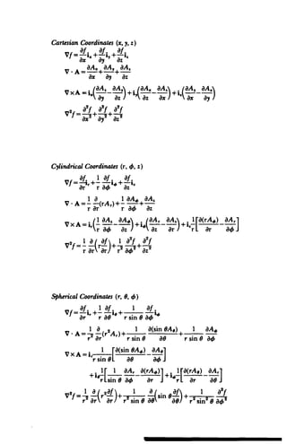 CartesianCoordinates(x, y, z)
Vf = Ofi.+Ofi,+Ofi.
ax ay Oz
+-A=,++-i
V- aA,, aA, aA, 2

ax ay az

aA 	 aA)
VxA ay_ a (aA
,(- _)+i
=i. (LAI )+ _8A -(
ay az	) az a.x) ay
2
f
V2f+!L+f+a
Ox2 	 j Z
CylindricalCoordinates (r, 4, z)
Of. 1 Of. Of
Vf= r+ i,+ iz
+A MA.
V -A= Ia(rA,.)+ -.
r Or r ao az
VxA=i - +ixaz Or + OA r a4
0/f a Of 1a2f a2f
V'f= r +
+
42
r Or	 On) r O
SphericalCoordinates (r, 0, 4,)
Vf=i,.+ afi+
Or r aO r sin 0 a4
V A = (r2A,)+ 1 (sin OA.) 1 oA*
r2 ar r sin 0 aI r sin 0 a4
VxA=i1 a(sin OAs) aA.
'r sineL 80 a4
I rIAM, a(rA) 1 [a(rA#) OA,.
r sin{ 0r] rL Or aeJ
2
f
V f 	 = r + r s n sin0 ) +Of I a
rf ar' Or. r- -s i n aG ai r sin 04, 0­
 