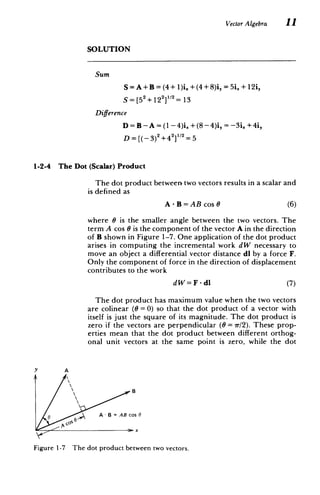 Vector Algebra II
SOLUTION
Sum
S= A +B = (4+1)i, +(4+8)i, = 5i, + 12i,
S=[5 2+12]12= 13
Difference
D= B-A = (1 -4)i, +(8-4)i, = -3, +4i,
D = [(-3) 2+42 ]1 = 5
1-2-4 The Dot (Scalar) Product
The dot product between two vectors results in a scalar and
is defined as
A - B=AB cos 0 (6)
where 0 is the smaller angle between the two vectors. The
term A cos 0 is the component of the vector A in the direction
of B shown in Figure 1-7. One application of the dot product
arises in computing the incremental work dW necessary to
move an object a differential vector distance dl by a force F.
Only the component of force in the direction of displacement
contributes to the work
dW=F-dl (7)
The dot product has maximum value when the two vectors
are colinear (0 =0) so that the dot product of a vector with
itself is just the square of its magnitude. The dot product is
zero if the vectors are perpendicular (0 = 7r/2). These prop­
erties mean that the dot product between different orthog­
onal unit vectors at the same point is zero, while the dot
Y A
B
A B=AB cos 0

COsa

Figure 1-7 The dot product between two vectors.
 