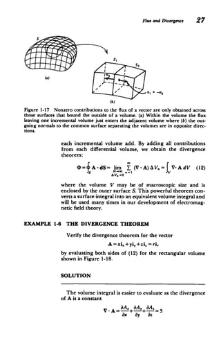 Flux and Divergence 27
S

S,
0 S2
(a)
152
n, -- n2
(b)
Figure 1-17 Nonzero contributions to the flux of a vector are only obtained across
those surfaces that bound the outside of a volume. (a) Within the volume the flux
leaving one incremental volume just enters the adjacent volume where (b) the out­
going normals to the common surface separating the volumes are in opposite direc­
tions.
each incremental volume add. By adding all contributions
from each differential volume, we obtain the divergence
theorem:
cI=fA-dS= lim I (V-A)AV I=f
V-AdV (12)
A V.-_O
where the volume V may be of macroscopic size and is
enclosed by the outer surface S. This powerful theorem con­
verts a surface integral into an equivalent volume integral and
will be used many times in our development of electromag­
netic field theory.
EXAMPLE 1-6 THE DIVERGENCE THEOREM
Verify the divergence theorem for the vector
A=xi.+yi,+zi. =ri,
by evaluating both sides of (12) for the rectangular volume
shown in Figure 1-18.
SOLUTION
The volume integral is easier to evaluate as the divergence
of A is a constant
e3Ax 8A, 3A.
V - A = +---+--= 3
ax ay az
 