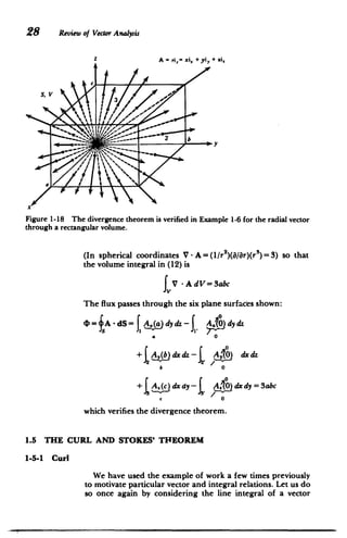 28 Review of Vector Analysis
z A =ri xix + YiY + Ai,
ZA0
v,
/3/c
S, 2
I /J
b
Figure 1-18 The divergence theorem is verified in Example 1-6 for the radial vector
through a rectangular volume.
(In spherical coordinates V -A= (1/r2
)(/ar)(r3
) = 3) so that
the volume integral in (12) is
-AAV
dV=3abc
The flux passes through the six plane surfaces shown:
qD=fA-dS= jj(a dydz- AJO)dydz
a 0
+A, (b)dxdz- A,10 dx dz
b 0
+jA dxdy- A dxdy=3abc
C )0
which verifies the divergence theorem.
1.5 THE CURL AND STOKES' THEOREM
1-5-1 Curl
We have used the example of work a few times previously
to motivate particular vector and integral relations. Let us do
so once again by considering the line integral of a vector
 
