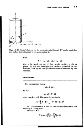 L
The Curl andStokes' Theorem 37
C
-
R
A = -yi. + xi. - ziz = rio - zi,

a

Figure 1-24 Stokes' theorem for the vector given in Example 1-7 can be applied to
any surface that is bounded by the same contour L.
field
A = -yi., +xi, -zi. = ri6 -zi,
Check the result for the (a) flat circular surface in the xy
plane, (b) for the hemispherical surface bounded by the
contour, and (c) for the cylindrical surface bounded by the
contour.
SOLUTION
For the contour shown
dl = R dO i"
so that
A -di= R 2
d4
where on L, r = R. Then the circulation is
C= A-dl= R2do=27rR 2
The z component of A had no contribution because dl was
entirely in the xy plane.
The curl of A is
(8A, 8A1
VxA=ix =2i,
ax ay
 