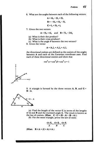 ProbLems 41
6. What are the angles between each of the following vectors:
A = 4i. - 2i, + 2i.
B = -6iL+ 3i,- 3i.
C=i.+3iy,+1.
7. Given the two vectors
A=3i.+4i, and B=7i-24i,
(a) What is their dot product?
(b) What is their cross product?
(c) What is the angle 0 between the two vectors?
8. Given the vector
A = Ai. +A,i, + Aji
the directional cosines are defined as the cosines of the angles
between A and each of the Cartesian coordinate axes. Find
each of these directional cosines and show that
2
cos a +cos/3+cos 2
A
9. A triangle is formed by the three vectors A, B, and C
B-A.
A 66 C = B - A
oc 6.
B
(a) Find the length of the vector C in terms of the lengths
of A and B and the enclosed angle Oc. The result is known as
the law of cosines. (Hint: C- C = (B - A) - (B - A).)
(b) For the same triangle, prove the law of sines:
sin 0. sin 66 sin 0,
(Hint: BXA = (C+A)XA.)
M M
 