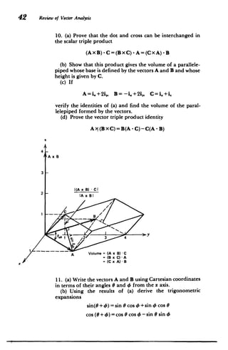 42 Review of Vector Analysis
10. (a) Prove that the dot and cross can be interchanged in
the scalar triple product
(AXB) -C=(BXC) - A= (CxA) - B
(b) Show that this product gives the volume of a parallele­
piped whose base is defined by the vectors A and B and whose
height is given by C.
(c) If
A=i.+2i,, B= -i.+2i,, C=i.+i,
verify the identities of (a) and find the volume of the paral­
lelepiped formed by the vectors.
(d) Prove the vector triple product identity
A x (B x C)=B(A C)-C(A - B)
z
4
SA x B
3
­
I(A x B) - Cl
2 -IAx B
A Volume 	= (A x B) C

= (B x C) -A

= (C x A) - B

11. (a) Write the vectors A and B using Cartesian coordinates
in terms of their angles 0 and 4 from the x axis.
(b) Using the results of (a) derive the trigonometric
expansions
sin(9+4) sin 0 cos 0 +sin 4 cos 0
cos (0+4) cos 0 cos 4 -sin 6 sin 4
 