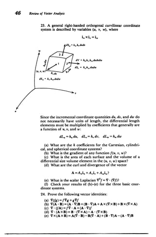 46 Review of Vector Analysis
23. A general right-handed orthogonal curvilinear coordinate
system is described by variables (u, v, w), where
i. x i, = i.
dSW = h h dudv
3
dV = huh hwdudvdw
u vd2 SdS, =Ahj&dudw
(u,V, W) hd
dS, = hvhI dvdw
Since the incremental coordinate quantities du, dv, and dw do
not necessarily have units of length, the differential length
elements must be multiplied by coefficients that generally are
a function of u, v, and w:
dL.=h.du, dL.=h.dv, dLw=h.dw
(a) What are the h coefficients for the Cartesian, cylindri­
cal, and spherical coordinate systems?
(b) What is the gradient of any function f(u, v, w)?
(c) What is the area of each surface and the volume of a
differential size volume element in the (u, v, w) space?
(d) What are the curl and divergence of the vector
A =Aui, + Ai,+ A.i.?
(e) What is the scalar Laplacian V2
f = V (Vf)?
(f) Check your results of (b)-(e) for the three basic coor­
dinate systems.
24. Prove the following vector identities:
(a) V(fg)=fVg+gVf
(b) V(A-B)=(A-V)B+(B -V)A+Ax(VxB)+Bx(VxA)
(c) V-(fA)=fV-A+(A-V)f
(d) V-(AxB)=B-(VXA)-A-(VXB)
(e) VX(AXB)=A(V -B)-B(V -A)+(B-V)A-(A V)B
 