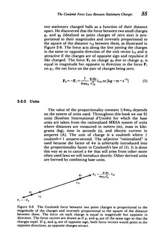 The Coulomb Force Law Between StationaryCharges 55
two stationary charged balls as a function of their distance
apart. He discovered that the force between two small charges
q, and q2 (idealized as point charges of zero size) is pro­
portional to their magnitudes and inversely proportional to
the square of the distance r 12 between them, as illustrated in
Figure 2-6. The force acts along the line joining the charges
in the same or opposite direction of the unit vector i 12 and is
attractive if the-charges are of opposite sign and repulsive if
like charged. The force F2 on charge q2 due to charge qi is
equal in magnitude but opposite in direction to the force F,
on q1, the net force on the pair of charges being zero.
1 i
2 2nt[kg­
4-rso r12
2-2-2 Units
The value of the proportionality constant 1/4irsE depends
on the system of units used. Throughout this book we use SI
units (Systeme International d'Unit6s) for which the base
units are taken from the rationalized MKSA system of units
where distances are measured in meters (m), mass in kilo­
grams (kg), time in seconds (s), and electric current in
amperes (A). The unit of charge is a coulomb where 1
coulomb= 1 ampere-second. The adjective "rationalized" is
used because the factor of 47r is arbitrarily introduced into
the proportionality factor in Coulomb's law of (1). It is done
this way so as to cancel a 41r that will arise from other more
often used laws we will introduce shortly. Other derived units
are formed by combining base units.
qlq2
q2 F2 4 '12
r12
F1 =-F
2
Figure 2-6 The Coulomb force between two point charges is proportional to the
magnitude of the charges and inversely proportional to the square of the distance
between them. The force on each charge is equal in magnitude but opposite in
direction. The force vectors are drawn as if q, and q 2 are of the same sign so that the
charges repel. If q, and q2 are of opposite sign, both force vectors would point in the
opposite directions, as opposite charges attract.
 
