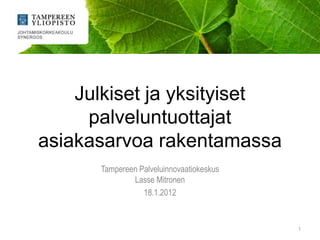 Julkiset ja yksityiset
     palveluntuottajat
asiakasarvoa rakentamassa
      Tampereen Palveluinnovaatiokeskus
              Lasse Mitronen
                 18.1.2012


                                          1
 