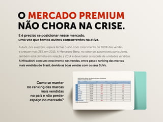 Como se manter
no ranking das marcas
mais vendidas
no país e não perder
espaço no mercado?
O MERCADO PREMIUM
NÃO CHORA NA CRISE.
A Audi, por exemplo, espera fechar o ano com crescimento de 100% das vendas
e crescer mais 25% em 2015. A Mercedes-Benz, no setor de automóveis particulares,
também está otimista em relação a 2014 e deve bater o recorde de unidades vendidas.
A Mitsubishi com um crescimento nas vendas, entra para o ranking das marcas
mais vendidas do Brasil, devido as boas vendas com os seus SUVs.
E é preciso se posicionar nesse mercado,
uma vez que temos outros concorrentes na ativa.
 