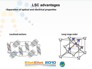 LSC advantages
•Separation of optical and electrical properties




   Localized excitons                              Long range order 
 