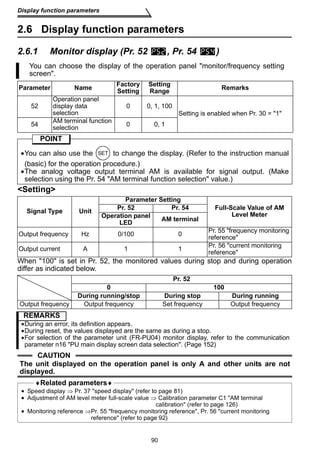 Display function parameters 
2.6 Display function parameters 
2.6.1 Monitor display (Pr. 52 , Pr. 54 ) 
You can choose the display of the operation panel monitor/frequency setting 
screen. 
Setting 
Range Remarks 
0 0, 1, 100 
selection 0 0, 1 
•You can also use the to change the display. (Refer to the instruction manual 
(basic) for the operation procedure.) 
•The analog voltage output terminal AM is available for signal output. (Make 
selection using the Pr. 54 AM terminal function selection value.) 
Parameter Setting 
Pr. 52 Pr. 54 
LED AM terminal 
SET 
Output frequency Hz 0/100 0 Pr. 55 frequency monitoring 
Output current A 1 1 Pr. 56 current monitoring 
90 
Parameter Name Factory 
52 
Operation panel 
display data 
selection 
54 AM terminal function 
POINT 
Setting 
Setting 
Setting is enabled when Pr. 30 = 1 
Signal Type Unit 
Full-Scale Value of AM 
Level Meter 
Operation panel 
reference 
reference 
When 100 is set in Pr. 52, the monitored values during stop and during operation 
differ as indicated below. 
Pr. 52 
0 100 
During running/stop During stop During running 
Output frequency Output frequency Set frequency Output frequency 
REMARKS 
•During an error, its definition appears. 
•During reset, the values displayed are the same as during a stop. 
•For selection of the parameter unit (FR-PU04) monitor display, refer to the communication 
parameter n16 PU main display screen data selection. (Page 152) 
CAUTION 
The unit displayed on the operation panel is only A and other units are not 
displayed. 
♦Related parameters♦ 
• Speed display ⇒ Pr. 37 speed display (refer to page 81) 
• Adjustment of AM level meter full-scale value ⇒ Calibration parameter C1 AM terminal 
calibration (refer to page 126) 
• Monitoring reference ⇒Pr. 55 frequency monitoring reference, Pr. 56 current monitoring 
reference (refer to page 92) 
 
