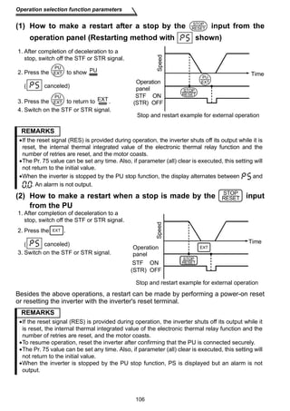 Operation selection function parameters 
(1) How to make a restart after a stop by the STOP 
RESET 
input from the 
operation panel (Restarting method with shown) 
1. After completion of deceleration to a 
stop, switch off the STF or STR signal. 
PU 
2. Press the PU 
EXT to show 
( canceled) 
PU 
3. Press the to return to EXT 
EXT . 
4. Switch on the STF or STR signal. 
Speed 
Time 
Operation 
panel 
PU 
EXT 
STOP 
STF ON RESET 
(STR) OFF 
Stop and restart example for external operation 
REMARKS 
•If the reset signal (RES) is provided during operation, the inverter shuts off its output while it is 
reset, the internal thermal integrated value of the electronic thermal relay function and the 
number of retries are reset, and the motor coasts. 
•The Pr. 75 value can be set any time. Also, if parameter (all) clear is executed, this setting will 
not return to the initial value. 
•When the inverter is stopped by the PU stop function, the display alternates between and 
. An alarm is not output. 
STOP 
RESET 
(2) How to make a restart when a stop is made by the input 
Operation 
panel 
STF ON 
(STR) OFF 
Stop and restart example for external operation 
106 
from the PU 
1. After completion of deceleration to a 
stop, switch off the STF or STR signal. 
2. Press the EXT 
. 
( canceled) 
3. Switch on the STF or STR signal. 
Time 
STOP 
RESET 
EXT 
Speed 
Besides the above operations, a restart can be made by performing a power-on reset 
or resetting the inverter with the inverter's reset terminal. 
REMARKS 
•If the reset signal (RES) is provided during operation, the inverter shuts off its output while it 
is reset, the internal thermal integrated value of the electronic thermal relay function and the 
number of retries are reset, and the motor coasts. 
•To resume operation, reset the inverter after confirming that the PU is connected securely. 
•The Pr. 75 value can be set any time. Also, if parameter (all) clear is executed, this setting will 
not return to the initial value. 
•When the inverter is stopped by the PU stop function, PS is displayed but an alarm is not 
output. 
 