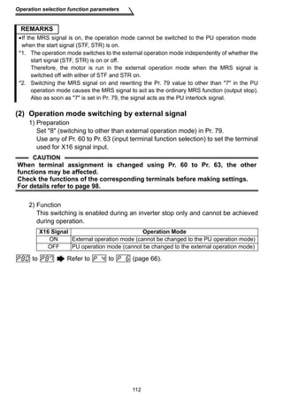 REMARKS 
•If the MRS signal is on, the operation mode cannot be switched to the PU operation mode 
when the start signal (STF, STR) is on. 
*1. The operation mode switches to the external operation mode independently of whether the 
start signal (STF, STR) is on or off. 
Therefore, the motor is run in the external operation mode when the MRS signal is 
switched off with either of STF and STR on. 
*2. Switching the MRS signal on and rewriting the Pr. 79 value to other than 7 in the PU 
operation mode causes the MRS signal to act as the ordinary MRS function (output stop). 
Also as soon as 7 is set in Pr. 79, the signal acts as the PU interlock signal. 
When terminal assignment is changed using Pr. 60 to Pr. 63, the other 
functions may be affected. 
Check the functions of the corresponding terminals before making settings. 
For details refer to page 98. 
X16 Signal Operation Mode 
ON External operation mode (cannot be changed to the PU operation mode) 
OFF PU operation mode (cannot be changed to the external operation mode) 
112 
Operation selection function parameters 
(2) Operation mode switching by external signal 
1) Preparation 
Set 8 (switching to other than external operation mode) in Pr. 79. 
Use any of Pr. 60 to Pr. 63 (input terminal function selection) to set the terminal 
used for X16 signal input. 
CAUTION 
2) Function 
This switching is enabled during an inverter stop only and cannot be achieved 
during operation. 
to Refer to to (page 66). 
 