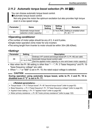 You can choose automatic torque boost control. 
Automatic torque boost control 
Not only gives the motor the optimum excitation but also provides high torque 
even in a low speed range. 
Parameter Name Factory 
Setting 
selection (motor capacity) - - - 0.1 to 3.7kW, 
Parameter Setting Description 
- - - Ordinary V/F control and torque boost (Pr. 0, Pr. 46) are valid. 
0.1 to 3.7kW Automatic torque boost control valid 
(Set the applied motor capacity or one rank lower motor capacity.) 
121 
Auxiliary parameters 
2 
FUNCTIONS 
2.11.2 Automatic torque boost selection (Pr. 98 ) 
98 Automatic torque boost 
Operating conditions 
Setting 
Range Remarks 
- - - 
Setting is enabled when 
Pr. 30 = 1 
•The number of motor poles should be any of 2, 4 and 6 poles. 
•Single-motor operation (One motor for one inverter) 
•The wiring length from inverter to motor should be within 30m (98.42feet). 
Setting 
98 
• Also when the Pr. 98 setting is other than - - -, Pr. 3 base frequency and Pr. 19 
base frequency voltage are valid. 
• When - - - or 888 is set in Pr. 19, the rated output voltage is selected. 
CAUTION 
During operation using automatic torque boost, write to Pr. 3 and Pr. 19 is 
disabled even if 2 is set in Pr. 77. 
♦Related parameters♦ 
• Torque boost ⇒ Pr. 0 torque boost, Pr. 46 second torque boost (refer to page 63) 
• Base frequency ⇒ Pr. 3 base frequency, Pr. 19 base frequency voltage (refer to page 65) 
• Applied motor setting ⇒ Pr. 71 applied motor (refer to page 69) 
• Motor primary resistance ⇒ Pr. 99 motor primary resistance (refer to page 122) 
 