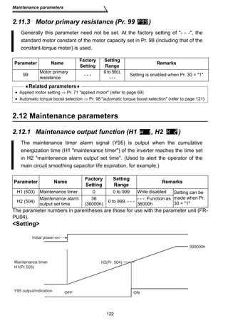 Maintenance parameters 
2.11.3 Motor primary resistance (Pr. 99 ) 
Generally this parameter need not be set. At the factory setting of - - -, the 
standard motor constant of the motor capacity set in Pr. 98 (including that of the 
constant-torque motor) is used. 
2.12 Maintenance parameters 
2.12.1 Maintenance output function (H1 , H2 ) 
(36000h) 0 to 999, - - - - - -: Function as 
36000h 
The parameter numbers in parentheses are those for use with the parameter unit (FR-PU04). 
Setting 
H2(Pr. 504) 
122 
Parameter Name Factory 
Setting 
Setting 
Range Remarks 
99 Motor primary 
resistance - - - 0 to 50Ω, 
- - - Setting is enabled when Pr. 30 = 1 
♦Related parameters♦ 
• Applied motor setting ⇒ Pr. 71 applied motor (refer to page 69) 
• Automatic torque boost selection ⇒ Pr. 98 automatic torque boost selection (refer to page 121) 
The maintenance timer alarm signal (Y95) is output when the cumulative 
energization time (H1 maintenance timer) of the inverter reaches the time set 
in H2 maintenance alarm output set time. (Used to alert the operator of the 
main circuit smoothing capacitor life expiration, for example.) 
Parameter Name Factory 
Setting 
Setting 
Range Remarks 
H1 (503) Maintenance timer 0 0 to 999 Write disabled Setting can be 
made when Pr. 
H2 (504) 30 = 1 Maintenance alarm 
output set time 
36 
Initial power-on 
Maintenance timer 
H1(Pr.503) 
Y95 output/indication OFF ON 
999000h 
 