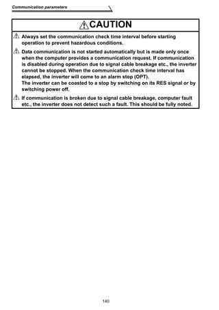 140 
Communication parameters 
CAUTION 
Always set the communication check time interval before starting 
operation to prevent hazardous conditions. 
Data communication is not started automatically but is made only once 
when the computer provides a communication request. If communication 
is disabled during operation due to signal cable breakage etc., the inverter 
cannot be stopped. When the communication check time interval has 
elapsed, the inverter will come to an alarm stop (OPT). 
The inverter can be coasted to a stop by switching on its RES signal or by 
switching power off. 
If communication is broken due to signal cable breakage, computer fault 
etc., the inverter does not detect such a fault. This should be fully noted. 
 
