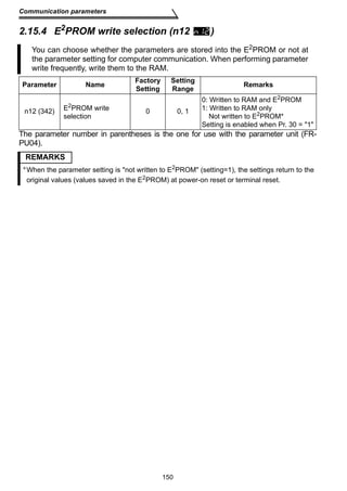 Communication parameters 
2.15.4 E2PROM write selection (n12 ) 
You can choose whether the parameters are stored into the E2PROM or not at 
the parameter setting for computer communication. When performing parameter 
write frequently, write them to the RAM. 
Parameter Name Factory 
The parameter number in parentheses is the one for use with the parameter unit (FR-PU04). 
150 
Setting 
Setting 
Range Remarks 
n12 (342) E2PROM write 
selection 
0 0, 1 
0: Written to RAM and E2PROM 
1: Written to RAM only 
Not written to E2PROM* 
Setting is enabled when Pr. 30 = 1 
REMARKS 
*When the parameter setting is not written to E2PROM (setting=1), the settings return to the 
original values (values saved in the E2PROM) at power-on reset or terminal reset. 
 