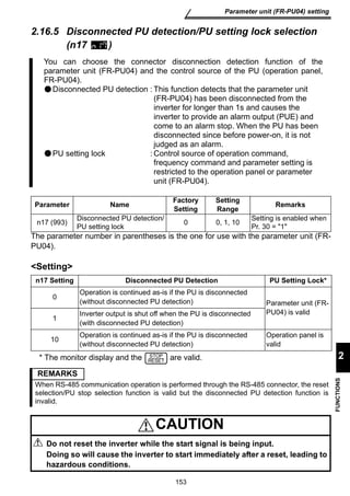 You can choose the connector disconnection detection function of the 
parameter unit (FR-PU04) and the control source of the PU (operation panel, 
FR-PU04). 
Disconnected PU detection : This function detects that the parameter unit 
(FR-PU04) has been disconnected from the 
inverter for longer than 1s and causes the 
inverter to provide an alarm output (PUE) and 
come to an alarm stop. When the PU has been 
disconnected since before power-on, it is not 
judged as an alarm. 
PU setting lock :Control source of operation command, 
frequency command and parameter setting is 
restricted to the operation panel or parameter 
unit (FR-PU04). 
Parameter Name Factory 
Setting 
153 
Parameter unit (FR-PU04) setting 
2 
FUNCTIONS 
2.16.5 Disconnected PU detection/PU setting lock selection 
(n17 ) 
The parameter number in parentheses is the one for use with the parameter unit (FR-PU04). 
Setting 
* The monitor display and the are valid. 
Setting 
Range Remarks 
n17 (993) Disconnected PU detection/ 
PU setting lock 0 0, 1, 10 Setting is enabled when 
Pr. 30 = 1 
n17 Setting Disconnected PU Detection PU Setting Lock* 
0 Operation is continued as-is if the PU is disconnected 
(without disconnected PU detection) Parameter unit (FR-PU04) 
is valid 
1 Inverter output is shut off when the PU is disconnected 
(with disconnected PU detection) 
10 Operation is continued as-is if the PU is disconnected 
(without disconnected PU detection) 
Operation panel is 
valid 
STOP 
RESET 
REMARKS 
When RS-485 communication operation is performed through the RS-485 connector, the reset 
selection/PU stop selection function is valid but the disconnected PU detection function is 
invalid. 
CAUTION 
Do not reset the inverter while the start signal is being input. 
Doing so will cause the inverter to start immediately after a reset, leading to 
hazardous conditions. 
 