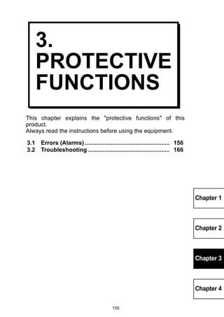 155 
Chapter 1 
Chapter 2 
Chapter 3 
Chapter 4 
3. 
PROTECTIVE 
FUNCTIONS 
This chapter explains the protective functions of this 
product. 
Always read the instructions before using the equipment. 
3.1 Errors (Alarms) .................................................... 156 
3.2 Troubleshooting .................................................. 166 
 