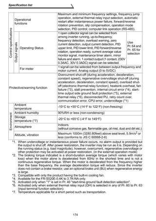 Maximum and minimum frequency settings, frequency jump 
operation, external thermal relay input selection, automatic 
restart after instantaneous power failure, forward/reverse 
rotation prevention, slip compensation, operation mode 
selection, PID control, computer link operation (RS-485). 
1 open collector signal can be selected from 
among inverter running, up-to-frequency, 
frequency detection, overload warning, zero 
current detection, output current detection, PID 
upper limit, PID lower limit, PID forward/reverse 
rotation, operation ready, current average value 
monitor signal, maintenance timer alarm, minor 
failure and alarm. 1 contact output (1 contact, 230V 
0.3AAC, 30V 0.3ADC) signal can be selected. 
174 
Specification list 
Control specifications 
Operational 
functions 
Output signals 
Operating Status 
*1. When undervoltage or instantaneous power failure occurs, no alarm output is provided but 
the output is shut off. After power restoration, the inverter may be run as it is. Depending on 
the running status (e.g. load magnitude), however, overcurrent, regenerative overvoltage or 
other protection may be activated at power restoration. (in the external operation mode) 
*2. The braking torque indicated is a short-duration average torque (which varies with motor 
loss) when the motor alone is decelerated from 60Hz in the shortest time and is not a 
continuous regenerative torque. When the motor is decelerated from the frequency higher 
than the base frequency, the average deceleration torque will reduce. Since the inverter 
does not contain a brake resistor, use an optional brake unit (BU) when regenerative energy 
is large. 
*3. Compatible with only the product having the built-in cooling fan. 
*4. Available for the FR-S520E-0.4K to 3.7K-NA only. 
*5. Activated only when 1 is set in Pr. 40 start-time ground fault detection selection. 
*6. Activated only when external thermal relay input (OH) is selected in any of Pr. 60 to Pr. 63 
(input terminal function selection). 
*7. Temperature applicable for a short period such as transportation. 
Use 
Pr. 64 and 
Pr. 65 for 
selection 
For meter 1 signal can be selected from between output frequency and 
motor current. Analog output (0 to 5VDC) 
Protective/warning function 
Overcurrent shut-off (during acceleration, deceleration, 
constant speed), regenerative overvoltage shut-off (during 
acceleration, deceleration, constant speed), overload shut-off 
(electronic thermal relay function), heatsink overheat, fan 
failure (*3), stall prevention, internal circuit error (*4), start-time 
output side ground fault protection (*5), external 
thermal relay (*6), disconnected PU, retry count over, 
communication error, CPU error, undervoltage (*1) 
Environment 
Ambient 
temperature -10°C to +50°C (14°F to 122°F) (non-freezing) 
Ambient humidity 90%RH or less (non-condensing) 
Storage 
temperature (*7) -20°C to +65°C (-4°F to 149°F) 
Atmosphere Indoors 
(without corrosive gas, flammable gas, oil mist, dust and dirt etc.) 
Altitude, vibration Maximum 1000m (3280.80feet) above seal level, 5.9m/s2 or 
less (conforms to JIS C 60068-2-6) 
 